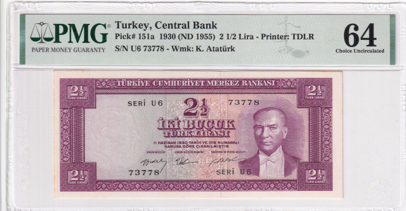 Turkey, 2 1/2 Lira, 1955, UNC, p151, 5.Emission, PMG 64
Estimate: USD 400-800