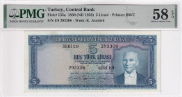 Turkey, 5 Lira, 1959, AUNC, p155, 5.Emission, PMG 58 EPQ
Estimate: USD 250-500