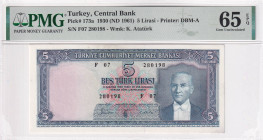 Turkey, 5 Lira, 1961, UNC, p173a, 5.Emission, PMG 65 EPQ
Estimate: USD 300-600