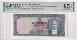 Turkey, 5 Lira, 1961, UNC, p173a, 5.Emission, PMG 65 EPQ
Estimate: USD 300-600