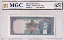Turkey, 5 Lira, 1961, UNC, p173a, 5.Emission, MGC 65 HPQ
Estimate: USD 300-600