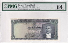 Turkey, 5 Lira, 1965, UNC, p174a, 5.Emission, PMG 64
Estimate: USD 200-400