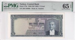 Turkey, 5 Lira, 1965, UNC, p174a, 5.Emission, PMG 65 EPQ
Estimate: USD 300-600