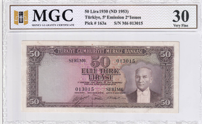 Turkey, 50 Lira, 1953, VF, p163, 5.Emission, MGC 30
Estimate: USD 100-200