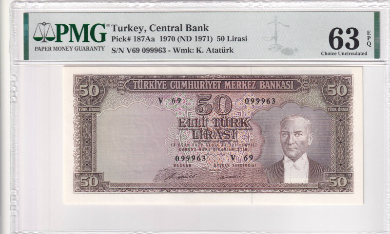 Turkey, 50 Lira, 1971, UNC, p187Aa, ERROR, 5. Emission, PMG 63 EPQ, It has seria...