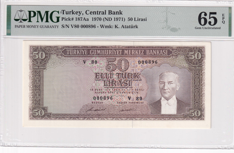 Turkey, 50 Lira, 1971, UNC, p187Aa, 5.Emission, PMG 65 EPQ, First Thousand Seria...