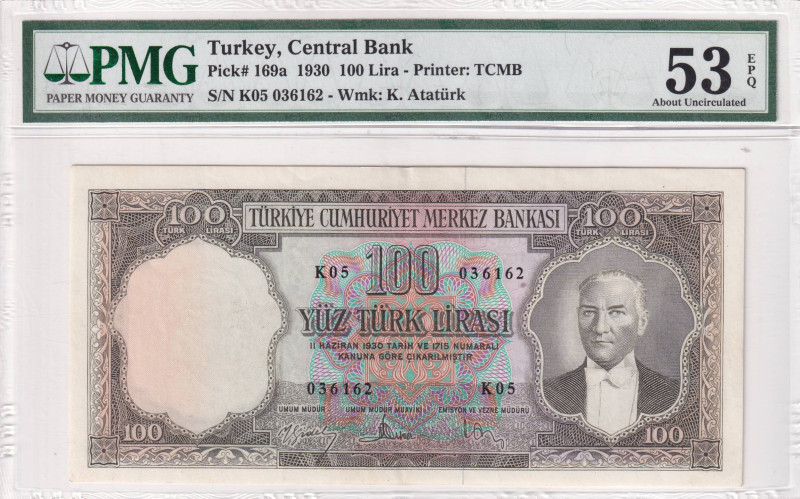 Turkey, 100 Lira, 1958, AUNC, p169, 5.Emission, PMG 53 EPQ
Estimate: USD 500-1.0...