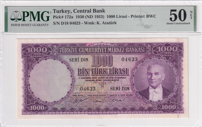 Turkey, 1.000 Lira, 1953, AUNC, p172, 5.Emission, PMG 50 NET
Estimate: USD 1.000...