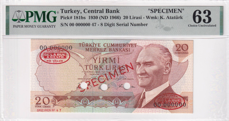 Turkey, 20 Lira, 1966, UNC, p181bs, 6.Emission, PMG 63, SPECIMEN
Estimate: USD 5...