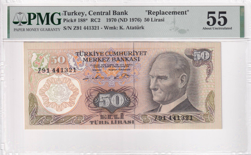 Turkey, 50 Lira, 1976, AUNC, p188r, 6.Emission, PMG 55, REPLACEMENT, "Z91"Rare
E...