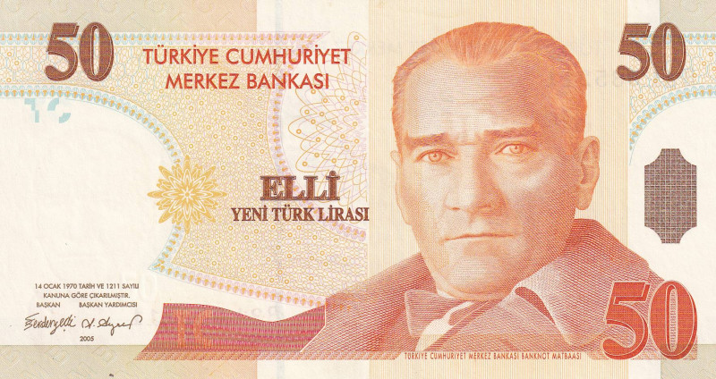 Turkey, 50 Lira, 2005, AUNC, p220, 8. Emisyon
Estimate: USD 20-40