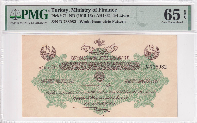 Turkey, Ottoman Empire, 1/4 Livre, 1916, UNC, p81, Talat / Pritsch, PMG 65 EPQ, ...