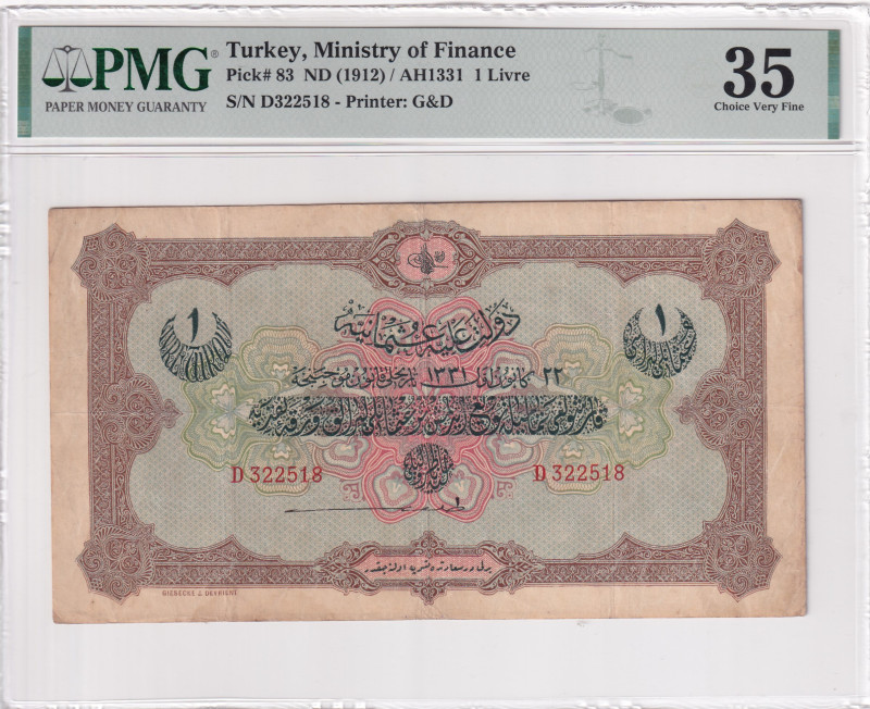 Turkey, Ottoman Empire, 1 Livre, 1912, VF, p83, Talat / Hüseyin Cahid, PMG 35, V...