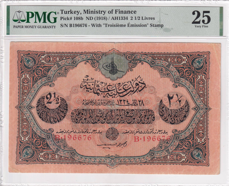 Turkey, Ottoman Empire, 2 1/2 Livres, 1918, VF, p108b, Cavid / Hüseyin Cahid, PM...