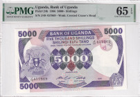 Uganda, 5.000 Shillings, 1986, UNC, p24b, PMG 65 EPQ
Estimate: USD 30-60