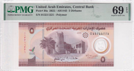 United Arab Emirates, 5 Dirhams, 2022, UNC, p36a, PMG 69 EPQ, Polymer
Estimate: USD 30-60
