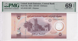 United Arab Emirates, 5 Dirhams, 2022, UNC, p36a, PMG 69 EPQ, High Condition
Estimate: USD 30-60
