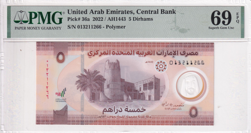 United Arab Emirates, 5 Dirhams, 2022, UNC, p36a, PMG 69 EPQ, High Condition, Po...