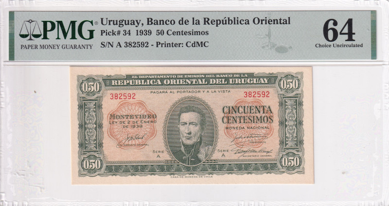 Uruguay, 50 Centimos, 1939, UNC, p34, PMG 64
Estimate: USD 30-60