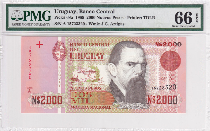 Uruguay, 2.000 Nuevos Pesos, 1989, UNC, p68a, PMG 66 EPQ
Estimate: USD 25-50