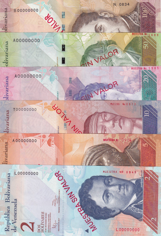 Venezuela, 2-5-10-20-50-100 Bolivares, 2007/2016, UNC, SPECIMEN, (Total 6 bankno...