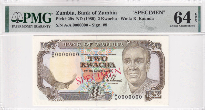 Zambia, 2 Kwacha, 1989, UNC, p29s, SPECIMEN, PMG 64 EPQ
Estimate: USD 30-60