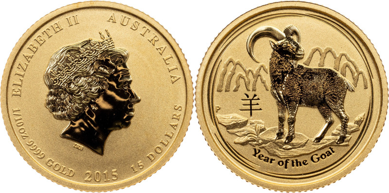 Elizabeth II., 15 Dollars (1/10 Oz) 2015, Perth, Year of the Goat, Lunar Series ...