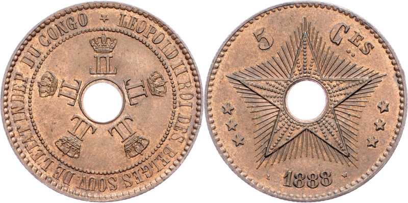 Belgian Congo, 5 Centimes 1888 Belgian Congo, 5 Centimes 1888, Copper, KM# 3, mi...