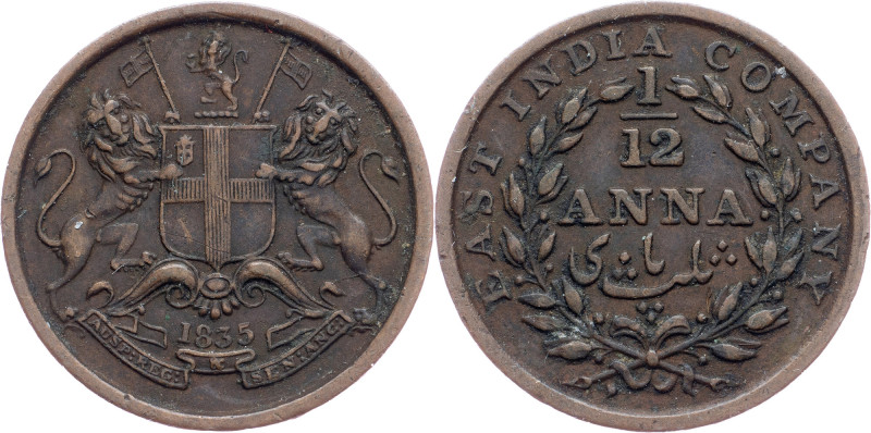 British India, 1/12 Anna 1835 British India, 1/12 Anna 1835, KM# 445, toned; VF+...