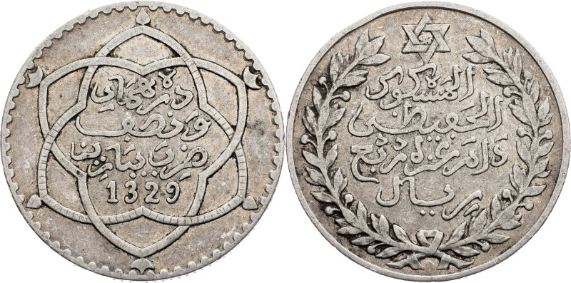 Morocco, 2½ Dirhams 1911 Morocco, 2½ Dirhams 1911, Ag, Y# 23; VF

Grade: VF