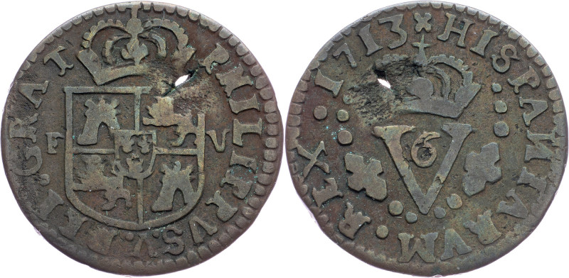 Spain, Seiseno 1713 Spain, Seiseno 1713, Copper, KM# 248, hole; VF

Grade: VF