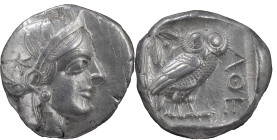 Greek Coins
Attica, Athens. Tetradrachm after 449 BC, AR 17.18 g. Head of Athena r., wearing Attic helmet decorated with olive leaves and palmette. Re...