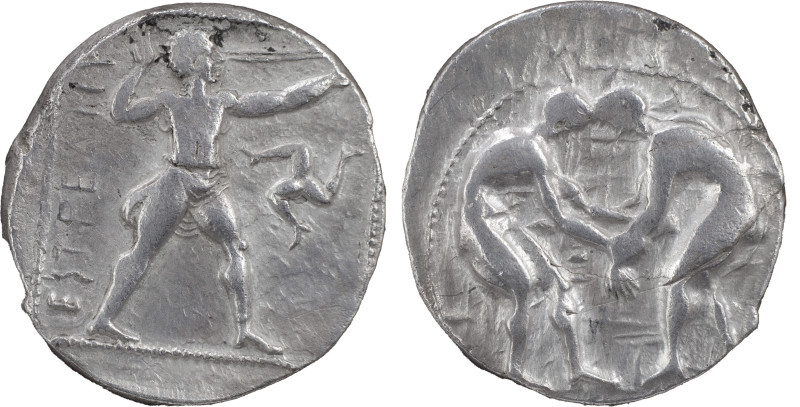 Greek Coins
Pamphylia, Aspendus. 380-325 BC, AR Stater 10.69 g. Two wrestlers gr...