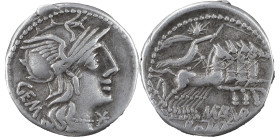 The Roman Republic
M. Aburius M. f. Gem. 132 BC, AR Denarius 3.68 g. Helmeted head of Roma r.; below chin, * and behind, GEM. Rev. Sol in quadriga r.,...
