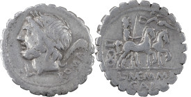 The Roman Republic
L. Memmius Galeria. 106 BC, AR Denarius serratus 3.76 g. Laureate head of Saturn l.; behind, harpa and ROMA. Below chin, ·K. Rev. V...