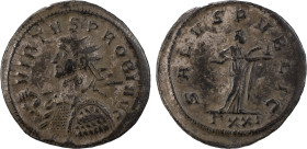 The Roman Empire
Probus. AE Antoninianus 3.39 g. Ticinum, 279. VIRTVS PROBI AVG Radiate and cuirassed bust of Probus to left, holding spear over his r...