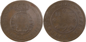Angola
D. João Regente (1799-1816)
2 Macutas 1815
Recunhada sobre macuta de D. Maria I e D. Pedro III 178?
AG: 04.01 34.92 g
MBC