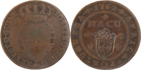 Angola
D. Maria II (1834-1853)
Carimbo "Escudete coroado" sobre quarto de macuta 1762
AG: 03.01 8.61 g
BC+