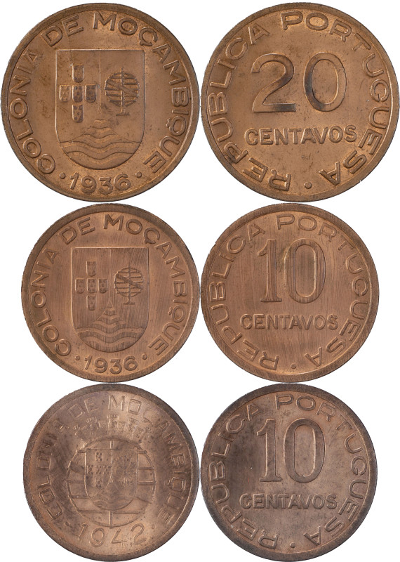 Moçambique
República Portuguesa
Lote de 3 moedas, 10 e 20 centavos de 1936 e 10 ...