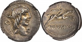 ROMAN REPUBLIC. L. Calpurnius Piso Frugi. AR Denarius (3.99 gms), Rome Mint, ca. 90 B.C. NGC AU, Strike: 5/5 Surface: 5/5.
Cr-340/1; S-235/1; cf.Syd-...