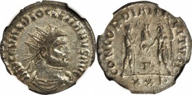 DIOCLETIAN, A.D. 284-305. BI Aurelianianus (3.42 gms), Antioch Mint. NGC MS, Strike: 5/5 Surface: 4/5. Silvering.
RIC-322. Radiate and cuirassed bust...