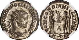 DIOCLETIAN, A.D. 284-305. BI Aurelianianus (3.49 gms), Antioch Mint, A.D. 293-295. NGC MS, Strike: 5/5 Surface: 5/5. Silvering.
RIC-322. Radiate and ...