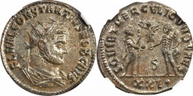 CONSTANTIUS I AS CAESAR, A.D. 293-305. BI Aurelianianus (4.14 gms), Antioch Mint. NGC MS, Strike: 5/5 Surface: 4/5. Silvering.
RIC-673. Radiate and c...