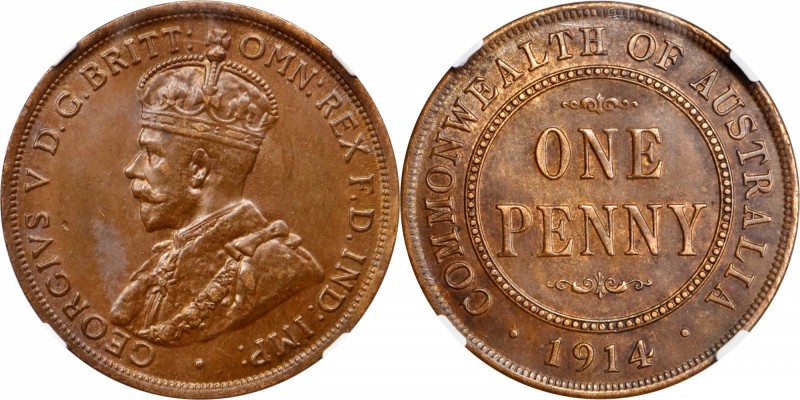 AUSTRALIA. Penny, 1914. London Mint. NGC AU-58 BN.
KM-23. Entirely lustrous in ...