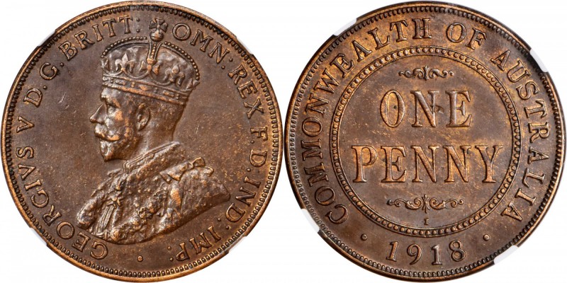 AUSTRALIA. Penny, 1918-I. Calcutta Mint. NGC AU-55 BN.
KM-23. Virtually fully d...