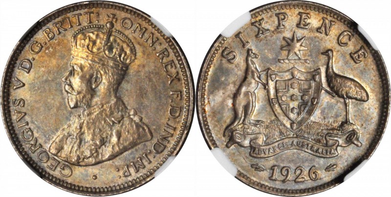 AUSTRALIA. 6 Pence, 1926. NGC MS-63.
KM-25. Fully original with attractive vari...