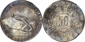 AUSTRIA. 50 Schilling, 1964. NGC MS-67.
KM-2896. Issued for the Winter Olympic Games in Innsbruck. Beautiful speckled multi-color patina primarily in...