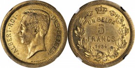 BELGIUM. 100 Franc, 1934. NGC MS-65.
Bogaert-2358, cf. KM-Pn338 (but in Brass). RARE. Attractively colored with silky smooth fields. Similar to the p...