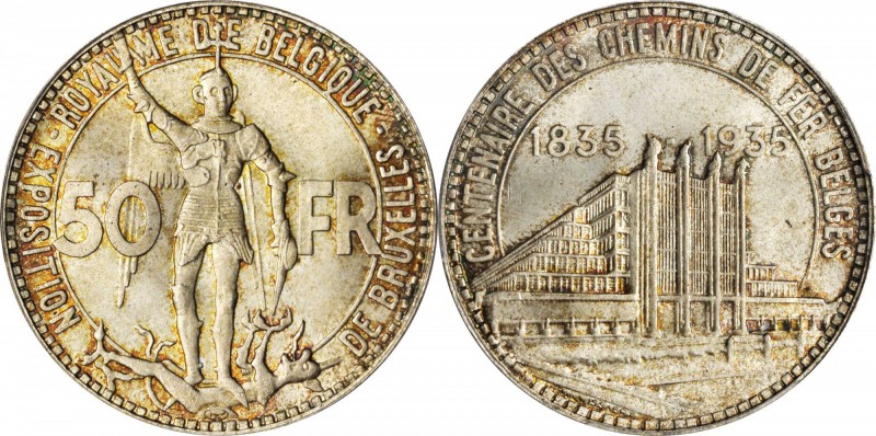 BELGIUM. 50 Franc, 1935. PCGS MS-67 Gold Shield.
KM-106.1; Eeckhout-NBFB-158. S...