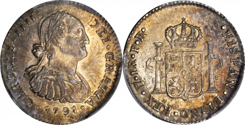 BOLIVIA. Real, 1791-PTS PR. Potosi Mint. Charles IV. PCGS MS-63 Gold Shield.
KM...